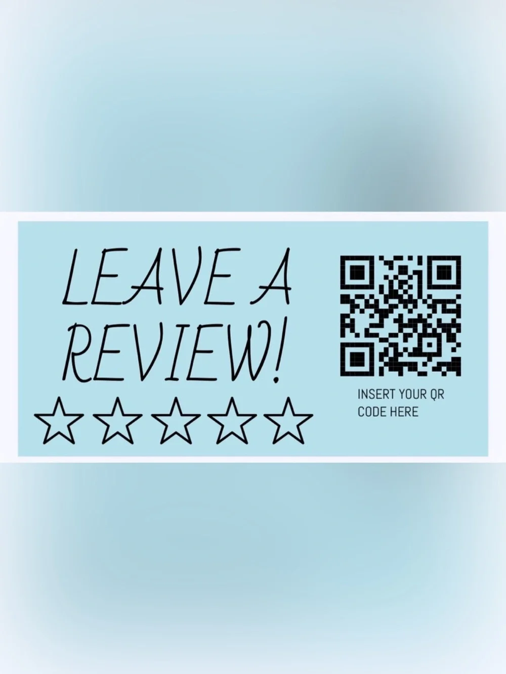 50 CUSTOM STICKERS - 2” x 1” - “LEAVE A REVIEW” - W/ YOUR QR CODE & NAME - BLUE